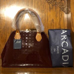 NWT-Arcadia-Patent Leather-Embossed Trapezoid Satchel-Vinaccia/Tan-Italian🇮🇹